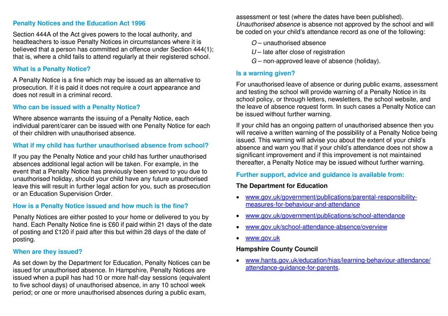 absence attendance and penalty notices st marks cofe primary school absence notice to school
