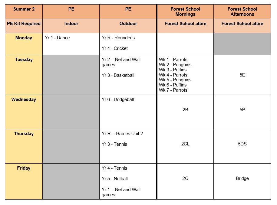 PE days timetable